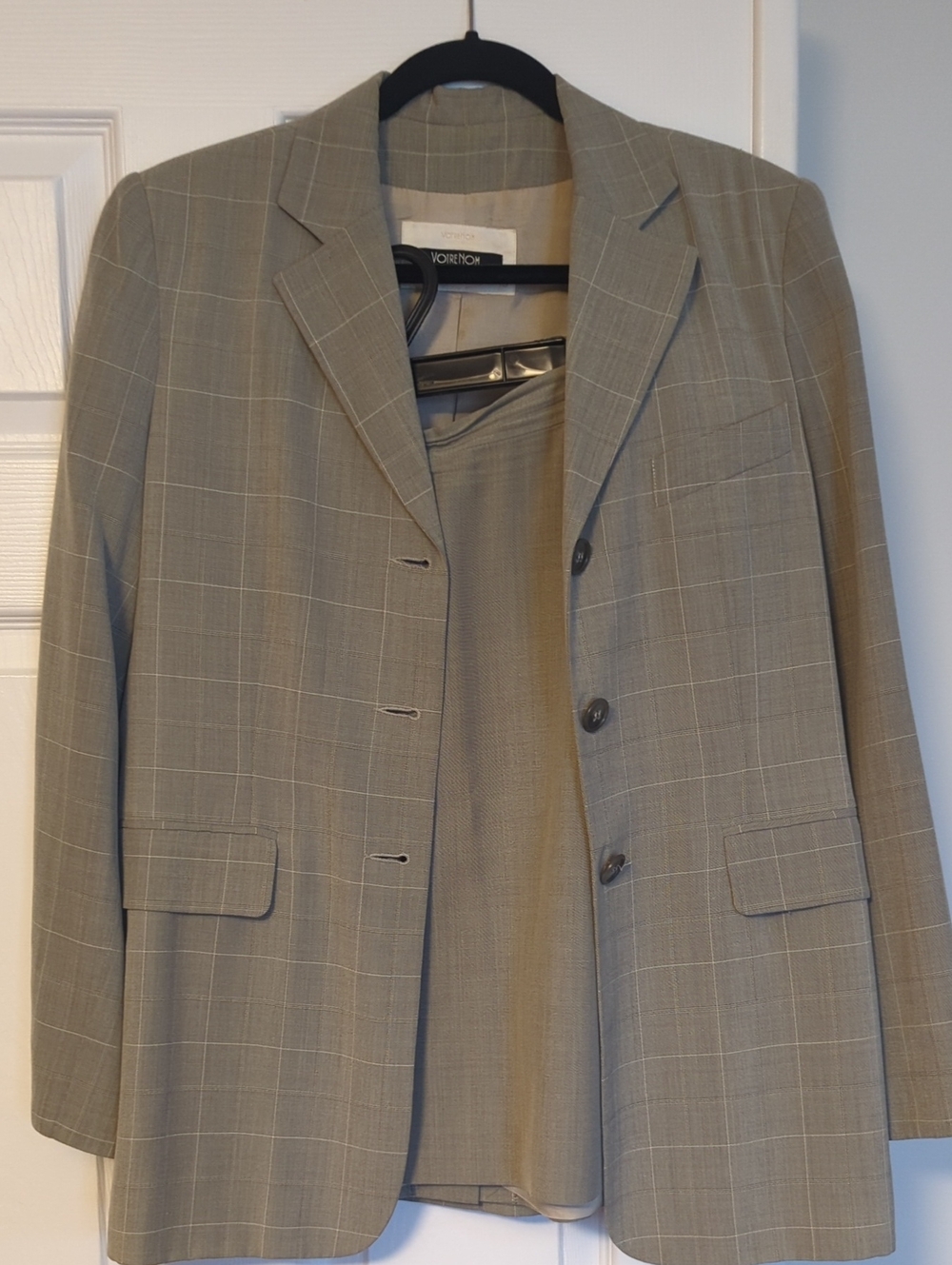 Votre Nom Taupe Windowpane Plaid Blazer And Skirt